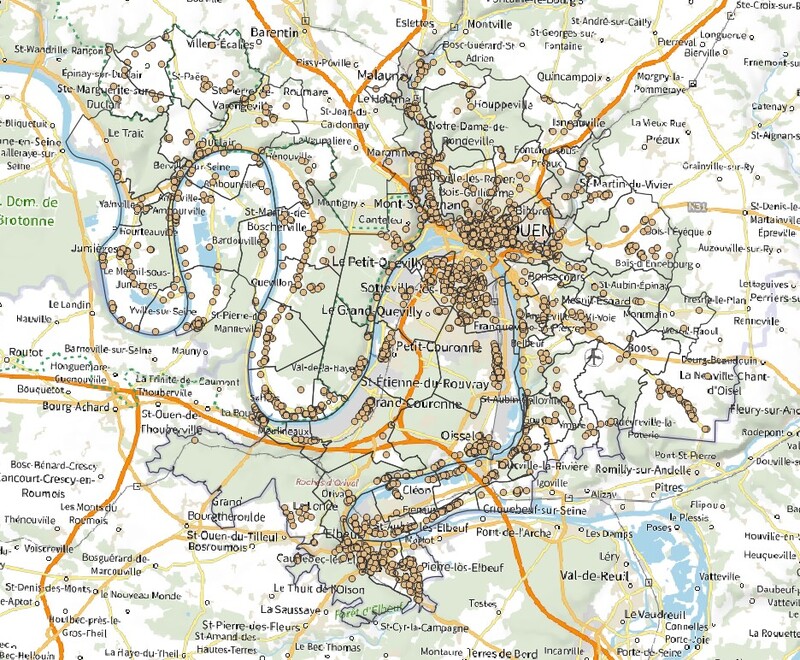 Représentation cartographique des bâtiments en pierre sur la Métropole Rouen Normandie